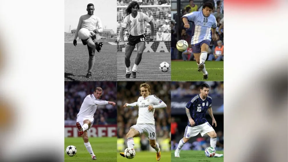 Pelé (arriba a la izquierda), Kempes, Maradona, Zidane, Modric y Messi. Fotos: EFE.