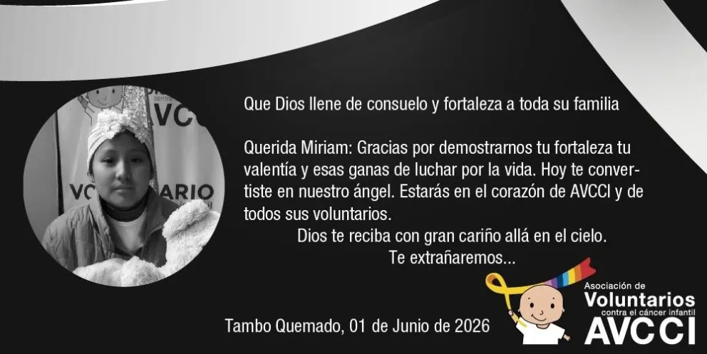 La Asociación de Voluntarios Contra el Cáncer Infantil compartió un necrológico en honor a la niña Miriam.