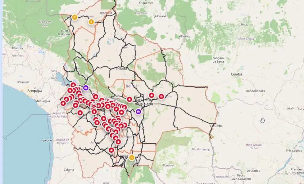 Los puntos de bloqueos según el mapa de transitabilidad de la Administradora Boliviana de Carreteras (ABC). Foto: ABC