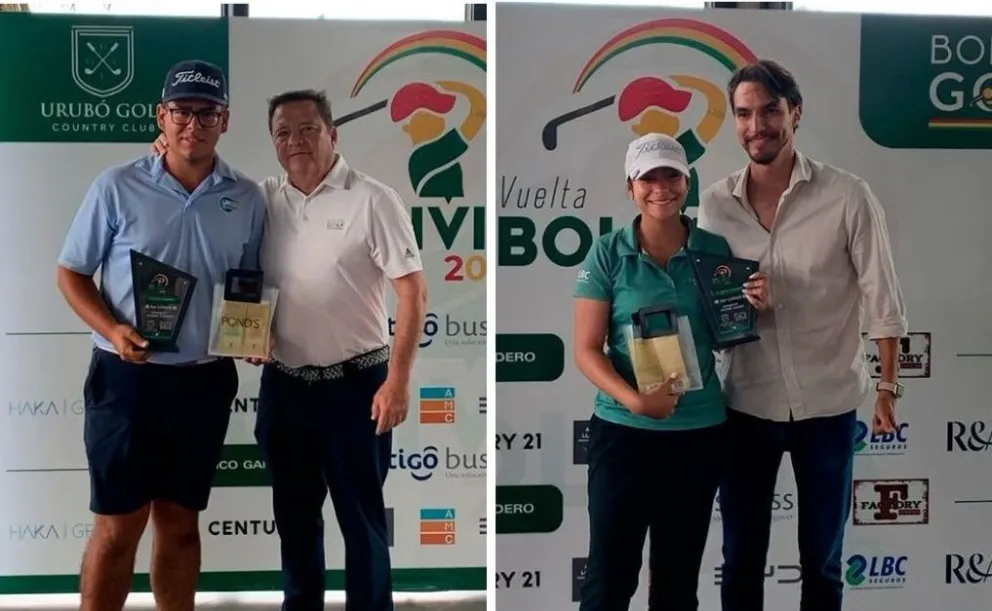 Quiroga (izq.) y Onishi, en la premiación tras el torneo. Foto: Federación Boliviana de Golf.