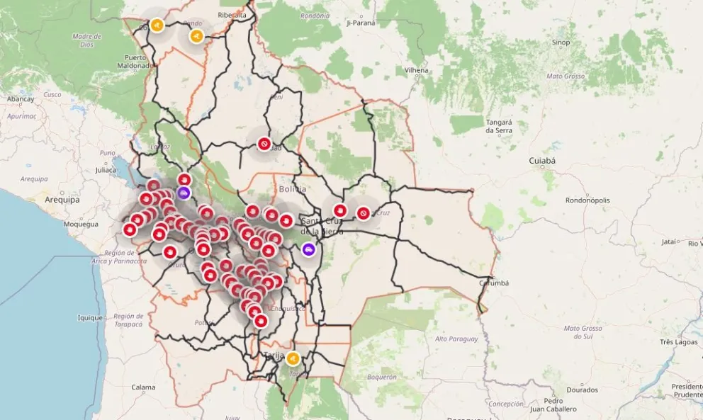 El mapa de transitabilidad de la Admnistradora Boliviana de Carreteras (ABC). Foto:ABC