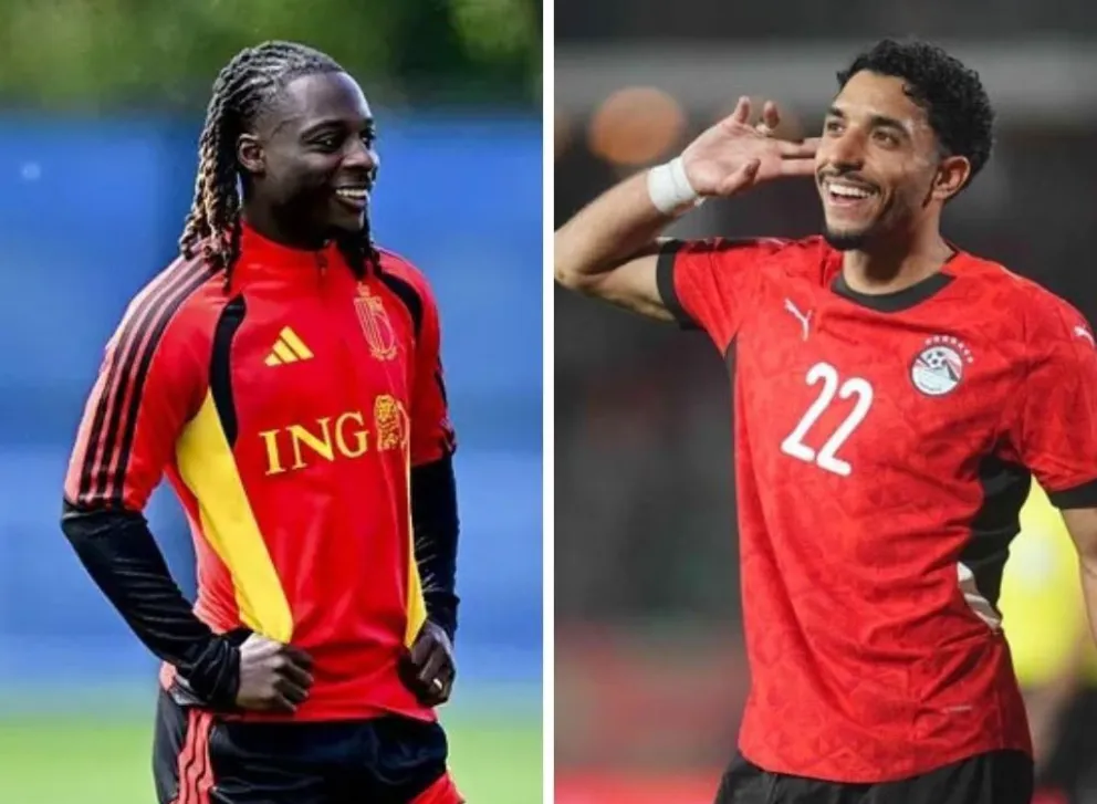 Jeremy Doku (izq.), figura de Bélgica, y Omar Marmoush, uno de los jugadores más destacados de Egipto.