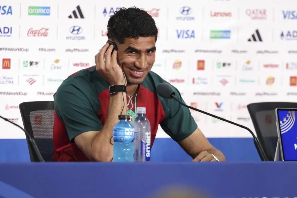 Achraf Hakimi, de Marruecos, participa en una rueda de prensa el pasado 12 de junio, en la ciudad de East Rutherford en New Jersey. Foto: EFE