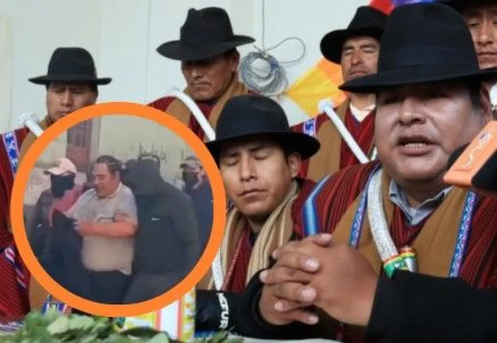 Vicente Salazar, máximo dirigente de la Federación Túpac Katari, fue aprehendido y luego liberado, cuando participaba en una de las marchas de protesta. Foto: Composición