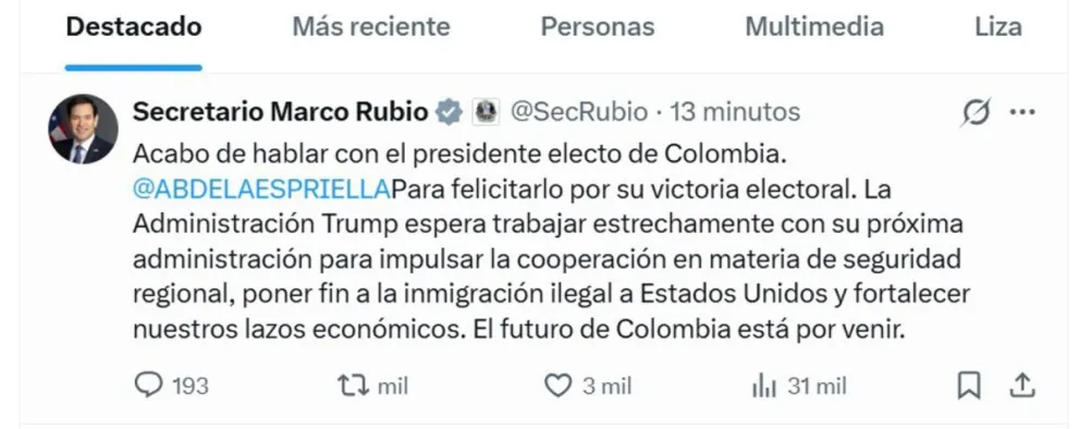 Captura de una publicación en la cuenta en X @SecRubio del secretario de Estado de EE.UU., Marco Rubio, felicitando a Aberlardo de la Espriella este domingo. EFE / captura