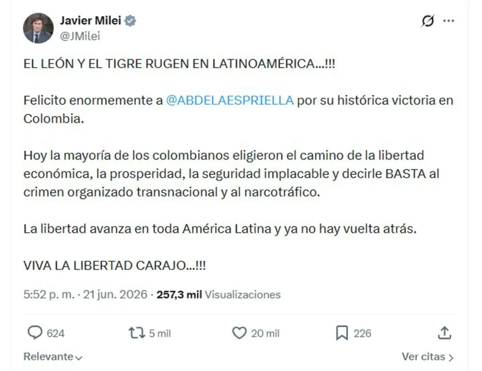 Captura de una publicación en la cuenta en X @JMilei del presidente de Argentina Javier Milei donde felicita a Abelardo de la Espriella, quien según los resultados preliminares ha ganado las elecciones presidenciales de Colombia. EFE/ @JMilei