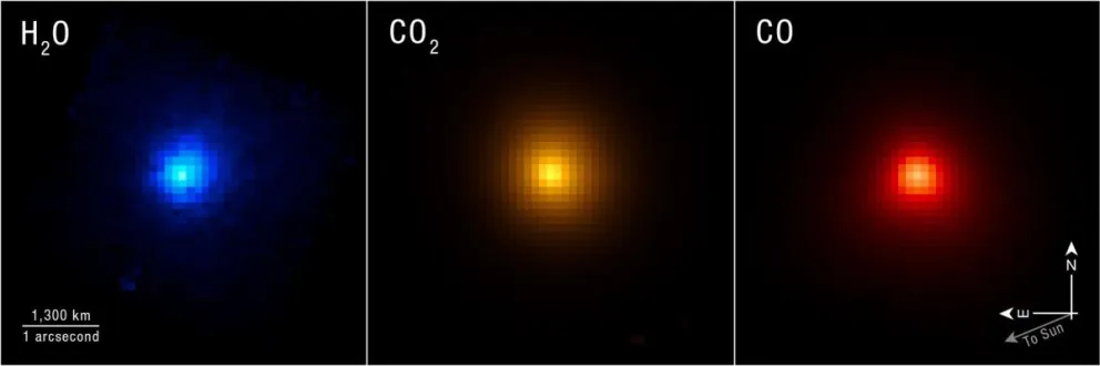 El telescopio espacial James Webb es capaz de cartografiar firmas químicas y moleculares específicas, como se aprecia en sus tres imágenes del cometa 3I/ATLAS, cada una de las cuales destaca una parte de la composición del cometa. NASA Foto: EFE
