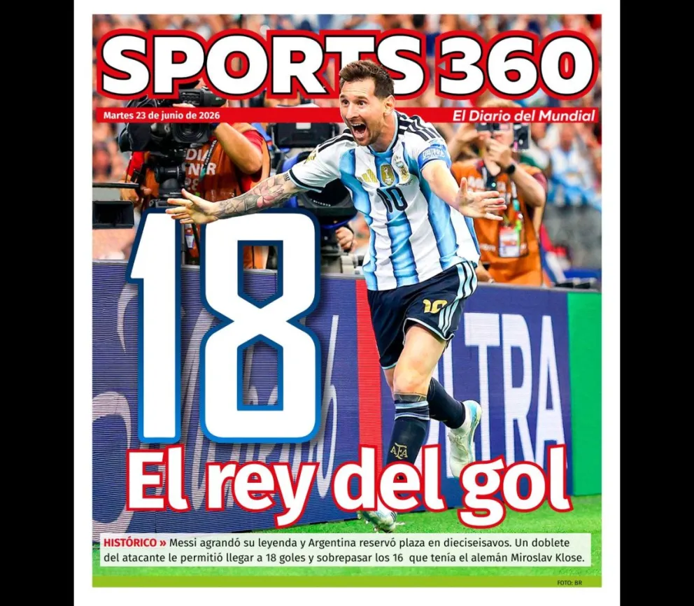 Messi a la izquierda, celebra el gol 17 con el que se convirtió en el máximo anotador de los mundiales. Foto: BR