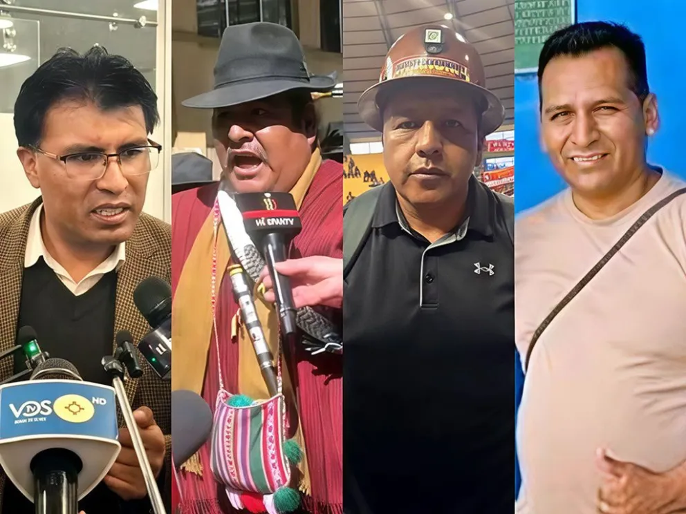 El senador suplente Nilton Condori, el ejecutivo de la Federación Túpac Katari Vicente Salazar, el ejecutivo de la COB Mario Argollo y el dirigente evista Isidro Auca.  Fotos: RKC, La Patria y RRSS  