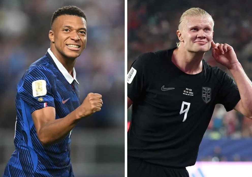 Kylian Mbappé (izq.) y Erling Haaland festejan los goles que marcaron el domingo ante Irak y Senegal, respectivamente. Fotos. EFE