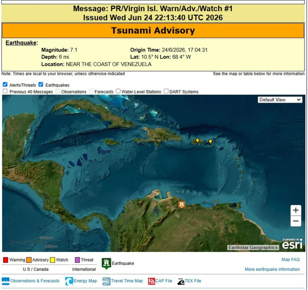 Imagen difundida en la cuenta en Administración Nacional Oceánica y Atmosférica (NOAA, en inglés) de una alerta de tsunami para Puerto Rico y las Islas Vírgenes estadounidenses tras un terremoto de magnitud 7,1 registrado cerca de las costas de Venezuela.