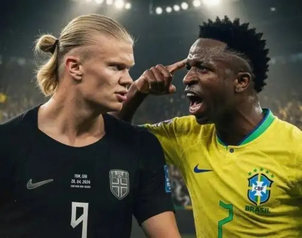 Foto de archivo del delantero brasileño del Real Madrid, Vinicius Junior (d), que disputa el balón ante el delantero noruego del Manchester City, Erling Haaland. Foto: EFE