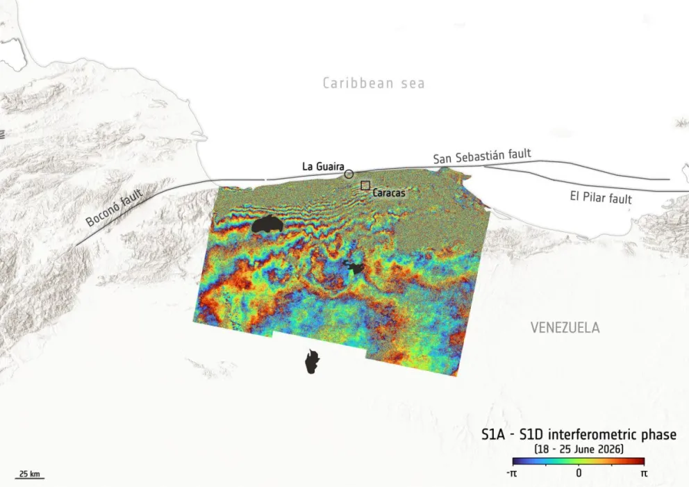 Imagen tomada del satélite Sentinel-1 de la NASA que muestra el desplazamiento del terreno tras los terremotos en Venezuela. Foto: EFE