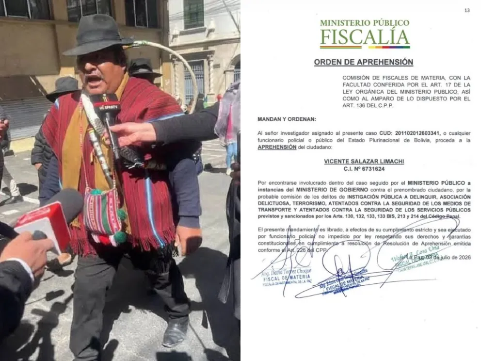 El ejecutivo de los campesinos de La Paz, Vicente Salazar y su orden de aprehensión. Foto/InnovaPress y Fiscalía