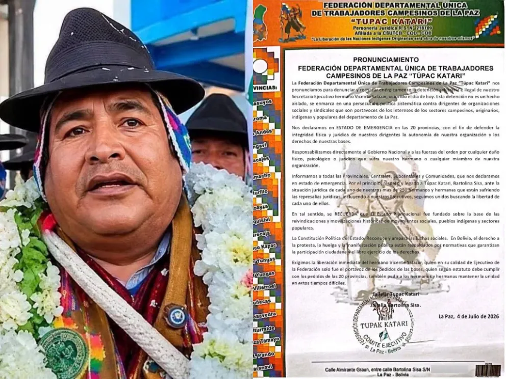 El dirigente campesino, Vicente Salazar y el pronunciamiento de la la Federación Departamental de Trabajadores Campesinos de La Paz "Túpac Katari". Foto: RKC y Federación de Campesinos