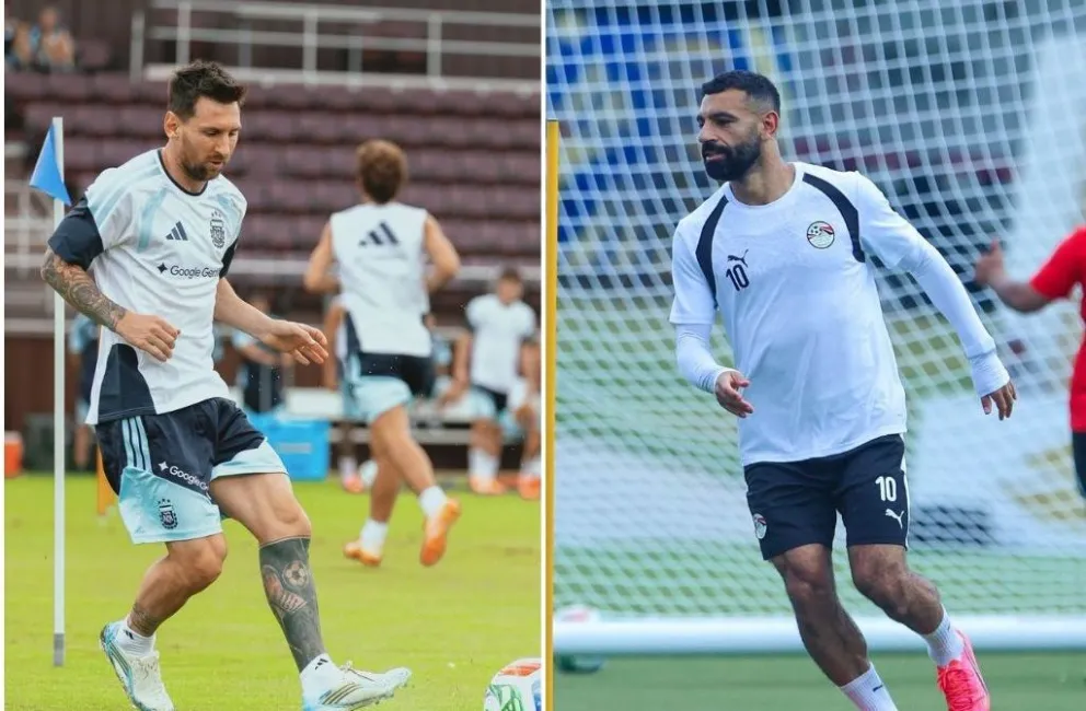 Messi (izq.) y Salah, en pleno trabajo con sus selecciones. Fotos: AFA y EFA.