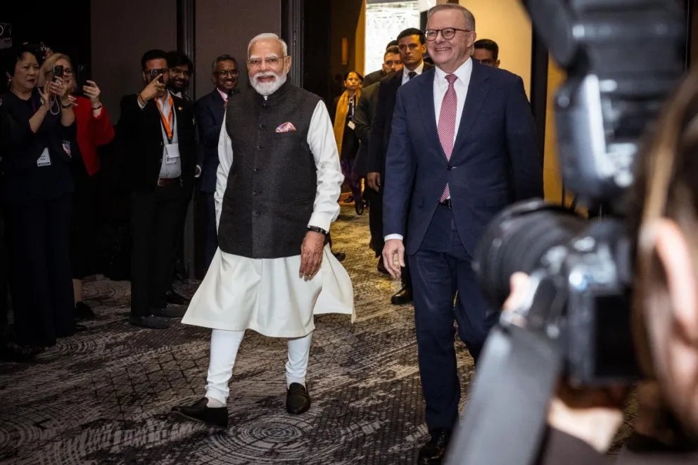 El primer ministro de India, Narendra Modi (i), junto al primer ministro de Australia, Anthony Albanese (d), durante su reunión bilateral en Melbourne. Foto: EFE 