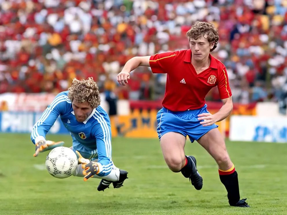 El arquero de los belgas impide el ataque de Butragueño de España en el Mundial 1986. Foto: FIFA