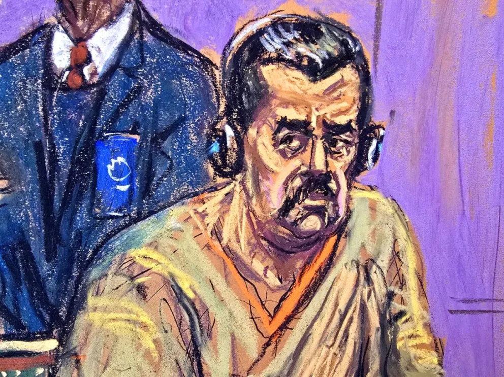 Dibujo realizado por la artista Jane Rosenberg donde aparece el depuesto presidente de Venezuela, Nicolás Maduro, durante una de sus comparecencia ante un tribunal federal, en Nueva York. Foto: EFE