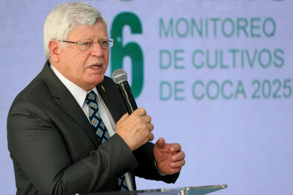 El presidente ejecutivo de la Comisión Nacional para el Desarrollo y Vida sin Drogas (Devida), Hugo Begazo de Bedoya, habla durante la presentación del Informe de Monitoreo de Cultivos de Coca este viernes, en Lima (Perú). EFE