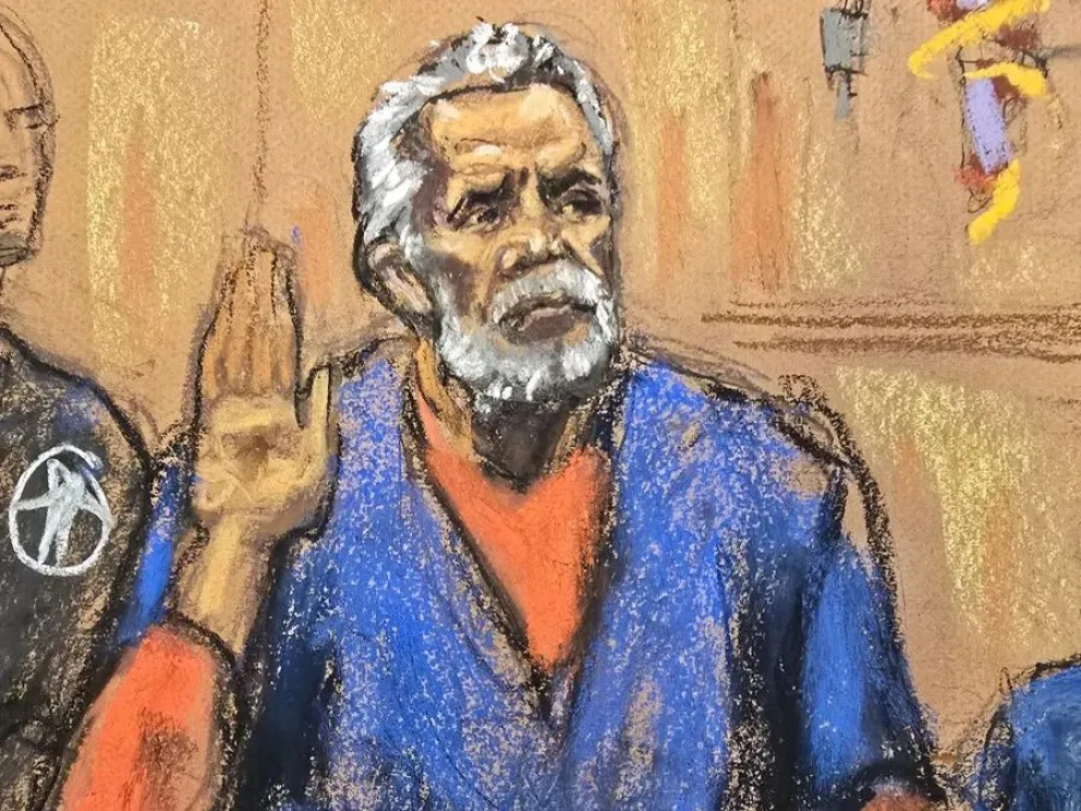 Fotografía de un dibujo realizado por la artista Jane Rosenberg del narcotraficante mexicano Ismael "el Mayo" Zambada durante el juicio realizado en un tribunal federal este lunes, en Nueva York (Estados Unidos). Foto: EFE