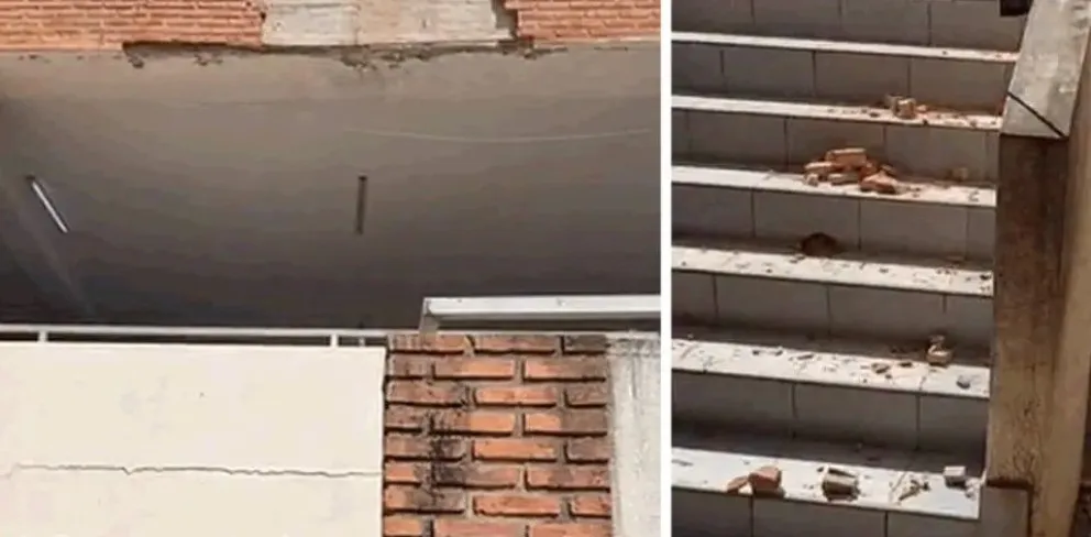 La infraestructura dañada del colegio ubicado en la zona de Los Lotes, en Santa Cruz de la Sierra, donde la caída de ladrillos dejó al menos una estudiante herida durante el recreo. Foto: Unitel