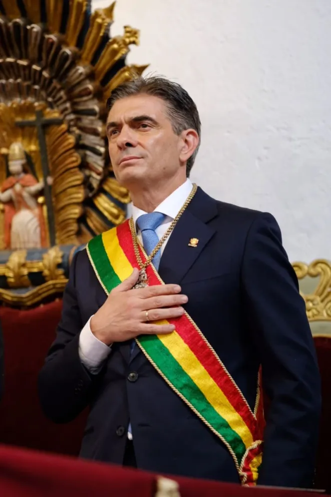 El presidente, Rodrigo Paz, brindó su informe a la nación desde la Casa de la Libertad. Foto Oficina del Presidente 