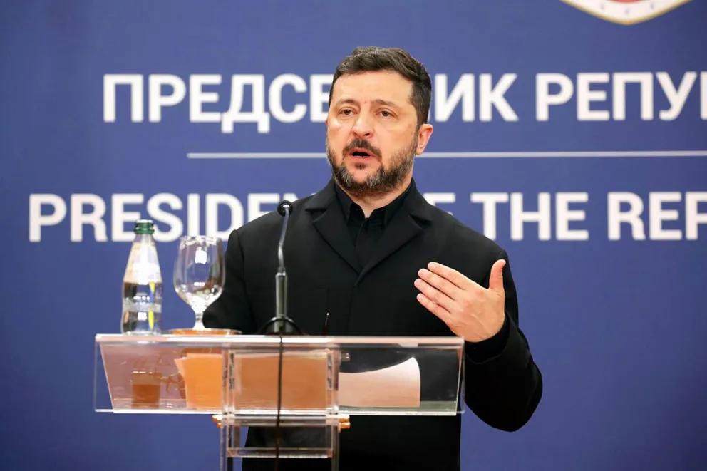 El presidente de Ucrania, Volodimir Zelenski en una rueda de prensa en Belgrado el 8 de agosto de 2026. Foto: EFE
