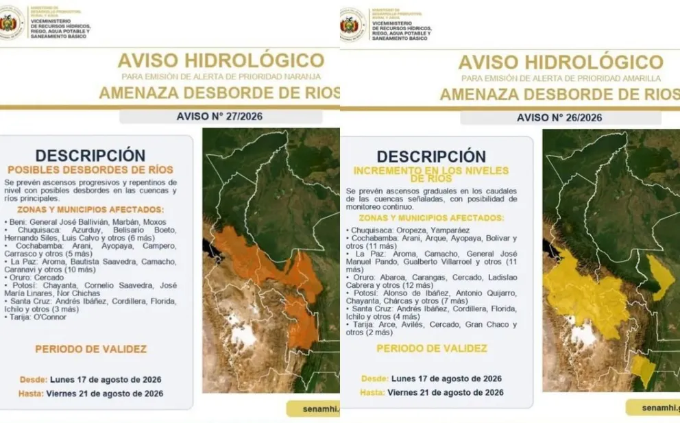 Las alertas de prioridad naranja y amarilla del Senamhi. Foto: Senamhi