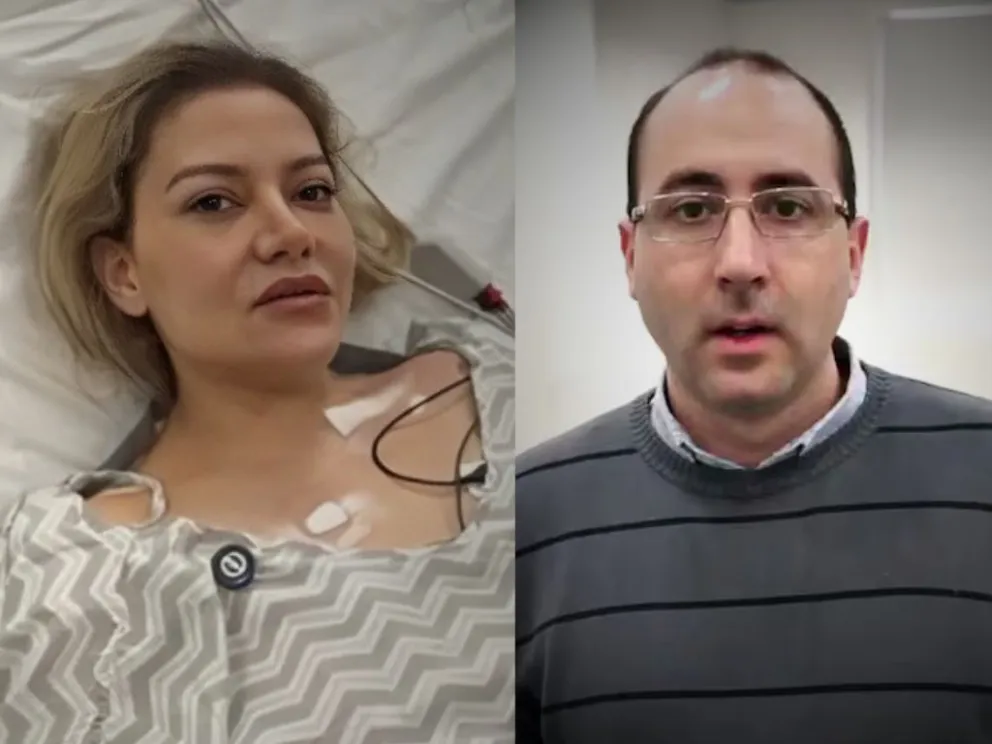 Nadia Beller en la cama del hospital y Fernando Cerimedo. Fotos: Captura de video y La Nación 