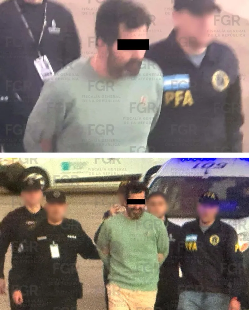 Combo de fotografías cedidas por la Fiscalía General de la República de México (FRG), que muestra el traslado del contraalmirante Fernando Farías Laguna (c) este jueves, desde Argentina a Ciudad de México. EFE