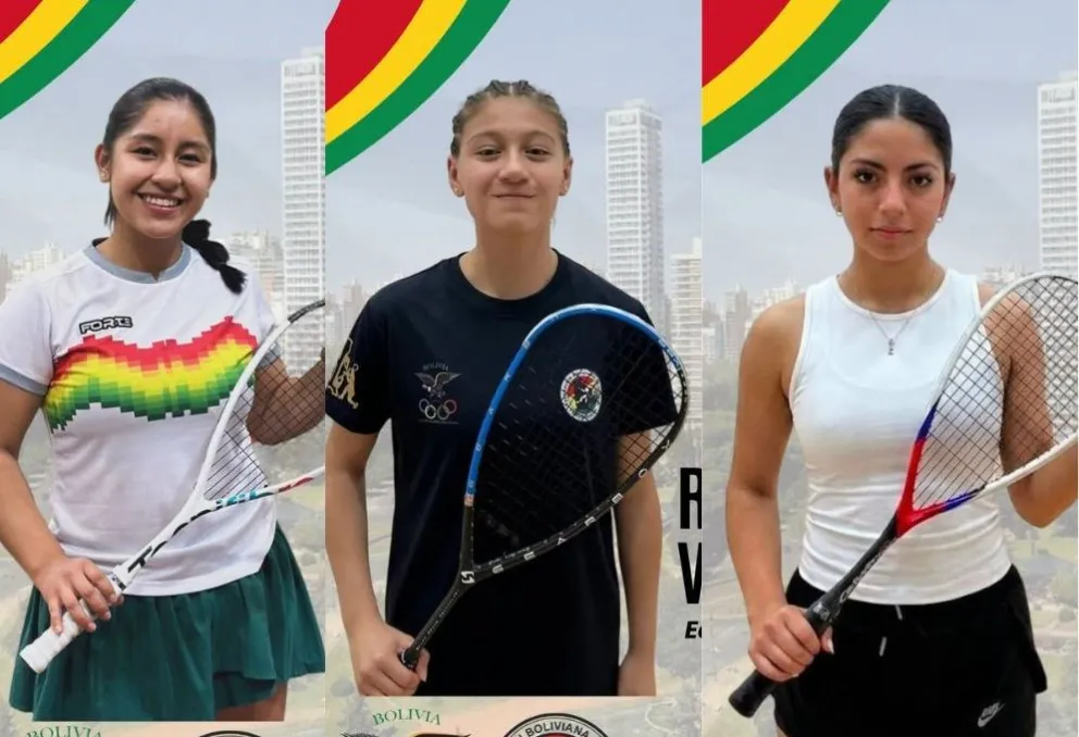 Las squashistas Fuertes (izq.), Valverde y Arnez. Fotos: Febosquash.