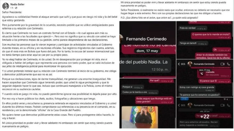Nadia Beller comparte chats que, según afirma, demuestran la presencia de Cerimedo en espacios vinculados al Gobierno hasta julio. Foto: Capturas