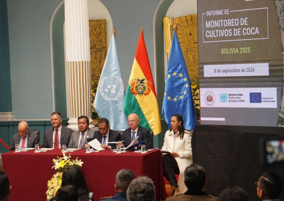 La presentación del Informe de Monitoreo de Cultivos de Coca 2025 en la Cancillería. Foto: APG