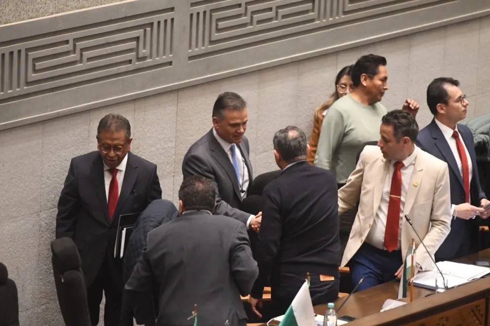 Los ministros de Gobierno, Marco Antonio Oviedo, y de Defensa, Ernesto Justiniano, se presentaron ante la Asamblea Legislativa para fundamentar la solicitud de ampliar el estado de excepción. Foto: APG