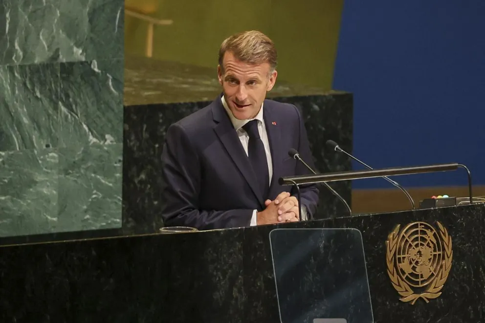 El presidente de Francia, Emmanuel Macron, interviene en la Asamblea General de las Naciones Unidas (ONU), en la sede de la ONU en Nueva York, Estados Unidos, el 22 de septiembre de 2026. (Francia, Nueva York). Foto: EFE
