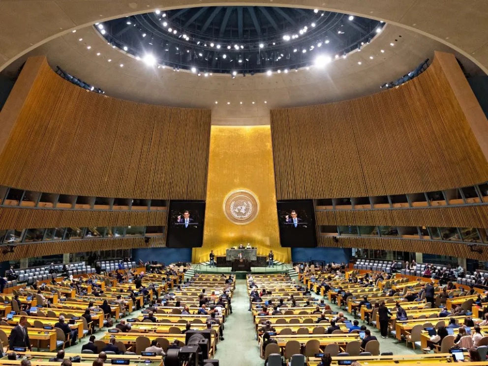 El presidente Rodrigo Paz en al atril de la ONU. Foto: Captura de imagen