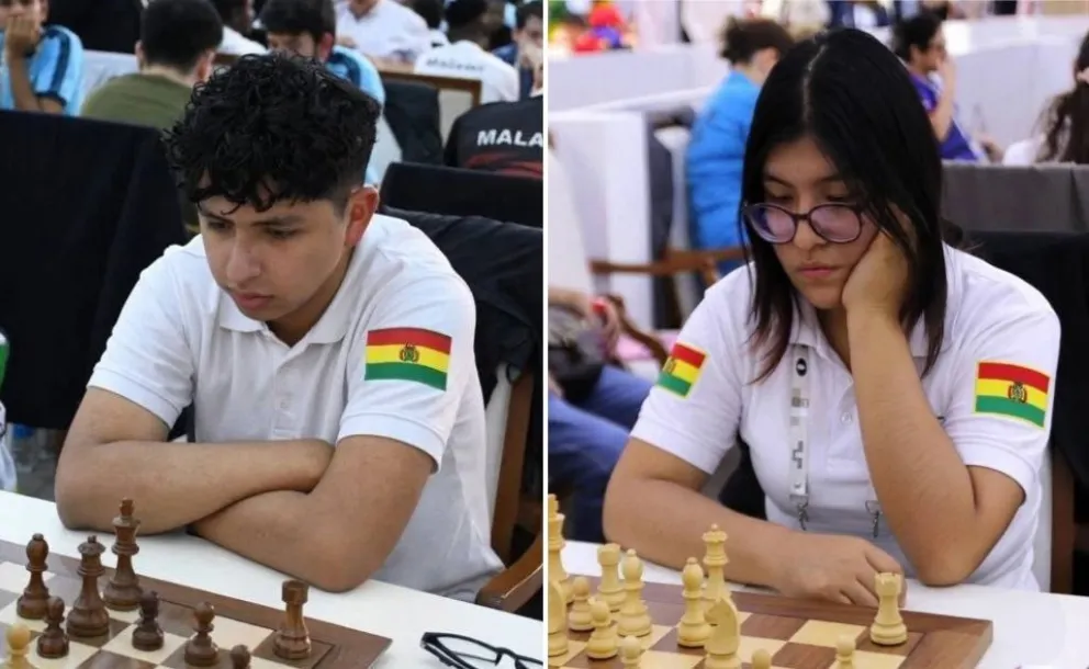 Los ajedrecistas bolivianos Licael Ticona y Nicole Molo durante sus partidos en la Olimpiada. Crédito: Federación Boliviana de Ajedrez
