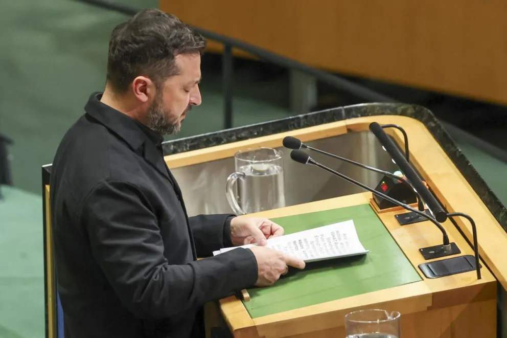 El presidente de Ucrania, Volodymyr Zelensky, habla en la sede de la ONU en Nueva York, Estados Unidos. Foto: EFE