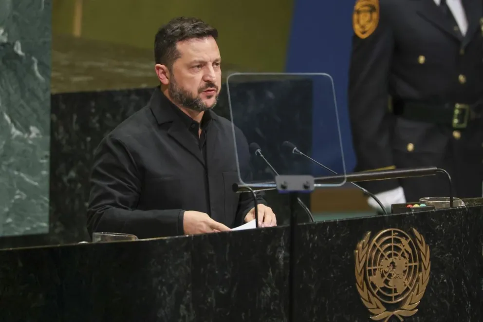 El presidente de Ucrania, Volodímir Zelenski, interviene durante el debate general del 81.º período de sesiones de la Asamblea General de las Naciones Unidas en Nueva York, Estados Unidos, el 23 de septiembre de 2026. Foto: EFE