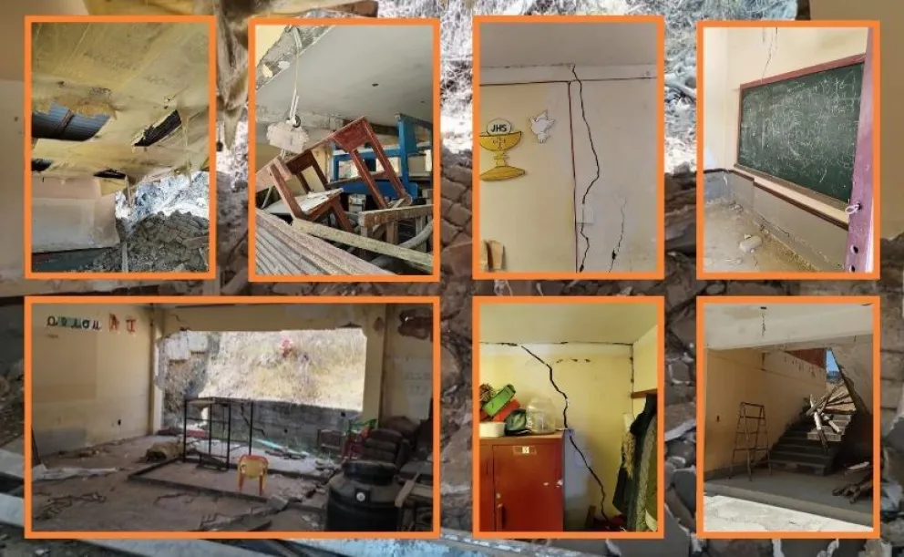 Una inspección a la unidad educativa Niño Jesús, ubicada en la zona de Villa Salomé de La Paz, evidenció filtraciones de agua, grietas en muros y techos, pisos deteriorados y ambientes inutilizados. Foto: Composición - Prensa del concejal Fernando Ruiz