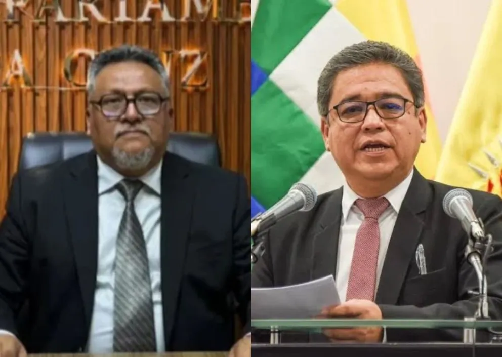 Luis Montaño, que se nombró como Fiscal general interino y el vocero presidencial José Luis Gálvez. Foto: RRSS/ABI
