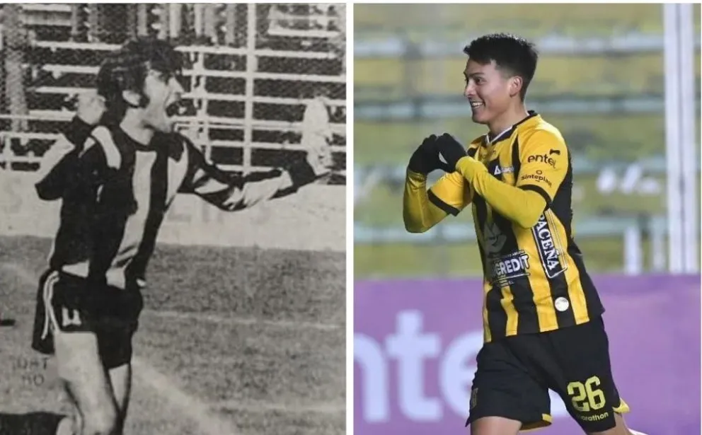 Wilfrido Cañellas, a la izquierda, festeja el primer gol del Tigre en 1977. A la derecha, Gabriel Sotomayor inicia la celebración luego del segundo gol a FC Universitario.
