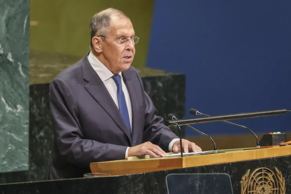 El ministro de Asuntos Exteriores de Rusia, Serguéi Lavrov, el pasado 26 de septiembre durante su discurso ante la 81ª sesión de la Asamblea General de las Naciones Unidas en Nueva York. Foto: EFE