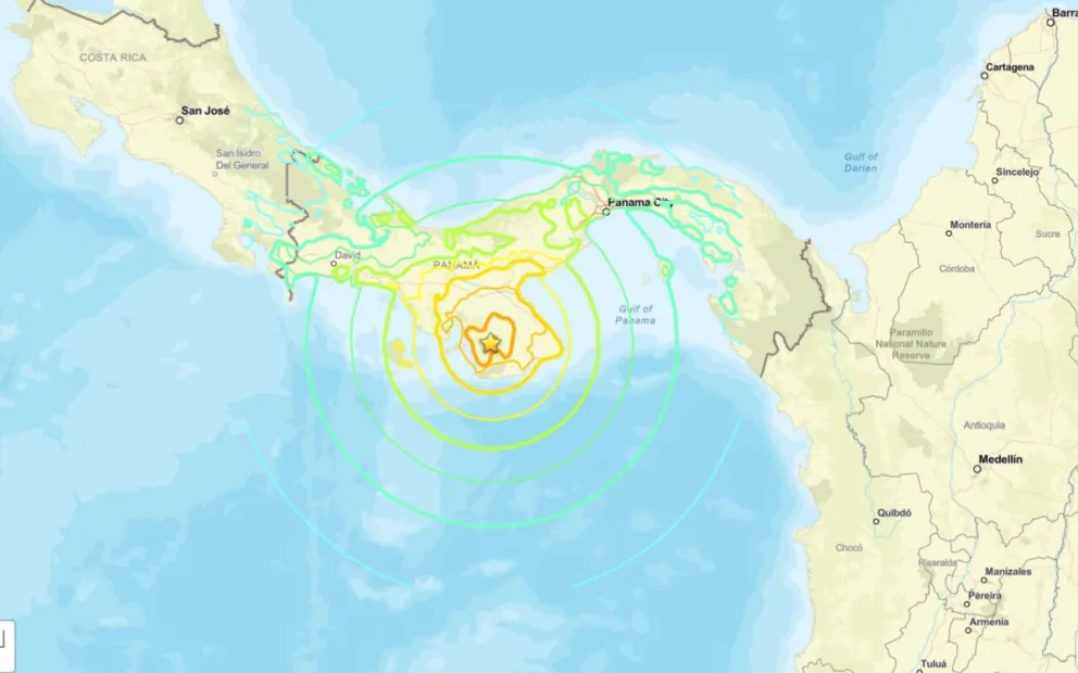 El epicentro de un terremoto de 7,7 de magnitud que sacudió este viernes el sureste de Panamá, con una profundidad de 10 kilómetros, según informó el USGS. Foto: EFE