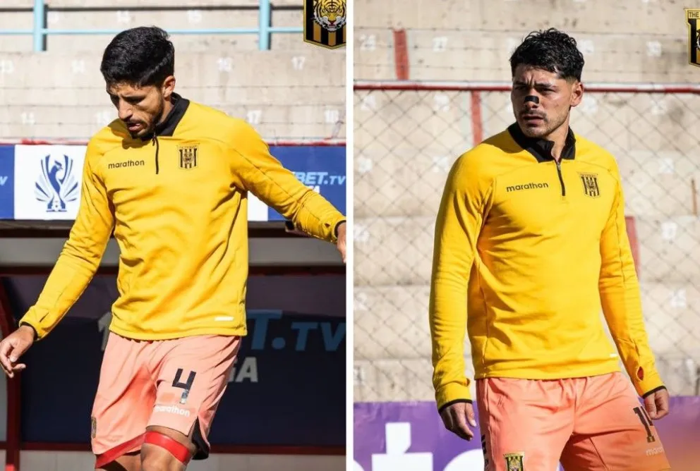 Martín Chiatti (izq.) y Darwin Lom, jugadores del Tigre en un entrenamiento. Foto: Club The Strongest