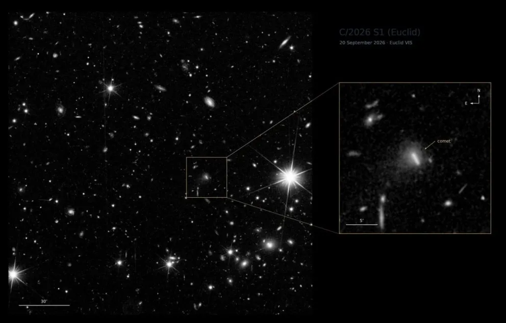 El cometa C/2026 S1 (Euclides) visto en una imagen VIS amplia para contextualizar (izquierda), con un acercamiento (derecha). La imagen fue capturada el 20 de septiembre de 2026, durante el sondeo Euclid Deep Field North. Foto: EFE 