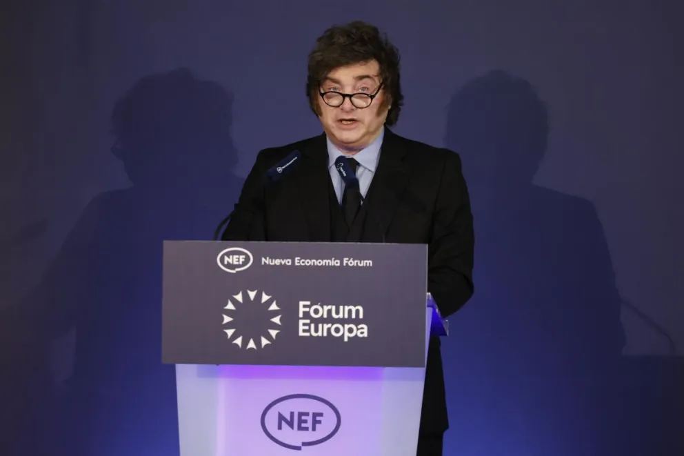 El presidente de Argentina, Javier Milei, en el desayuno informativo del Fórum Europa este miércoles en Madrid. Foto: EFE