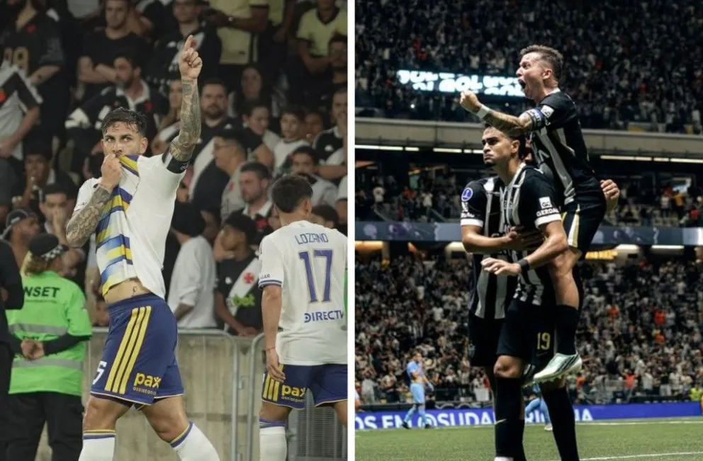 Leandro Paredes (izq.) de Boca y los jugadores de Atlético Mineiro celebran sus respectivas clasificaciones. Fotos: CABJ y CAM