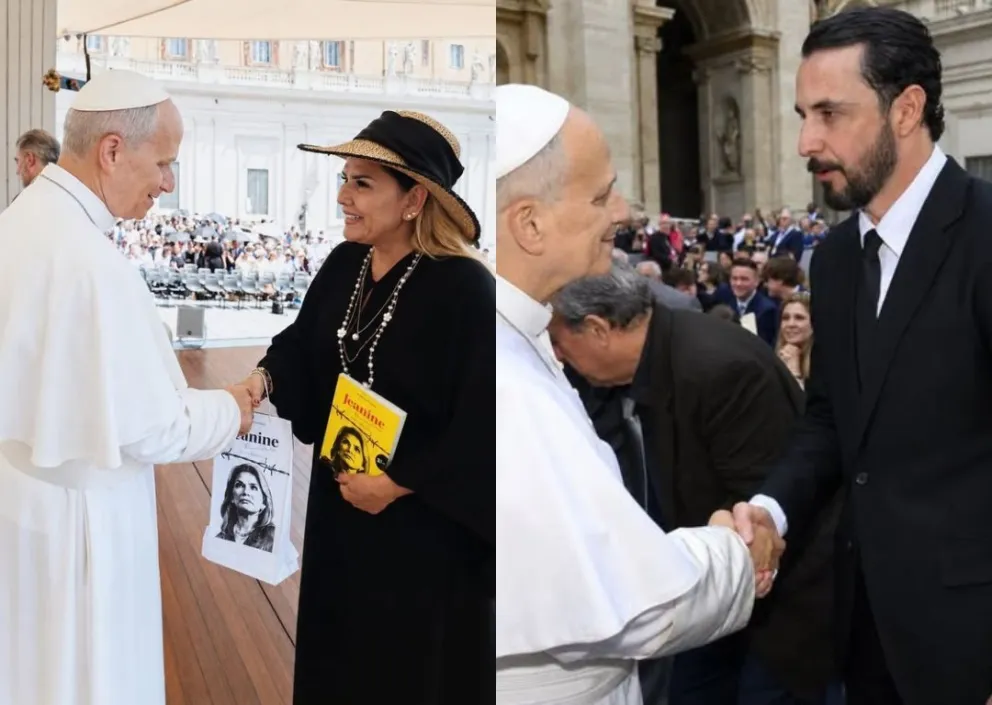 Jeanine Añez y Juan Pablo Velasco junto al papa León XIV. Foto: Jeanine Añez/X y JP Velasco/Facebook